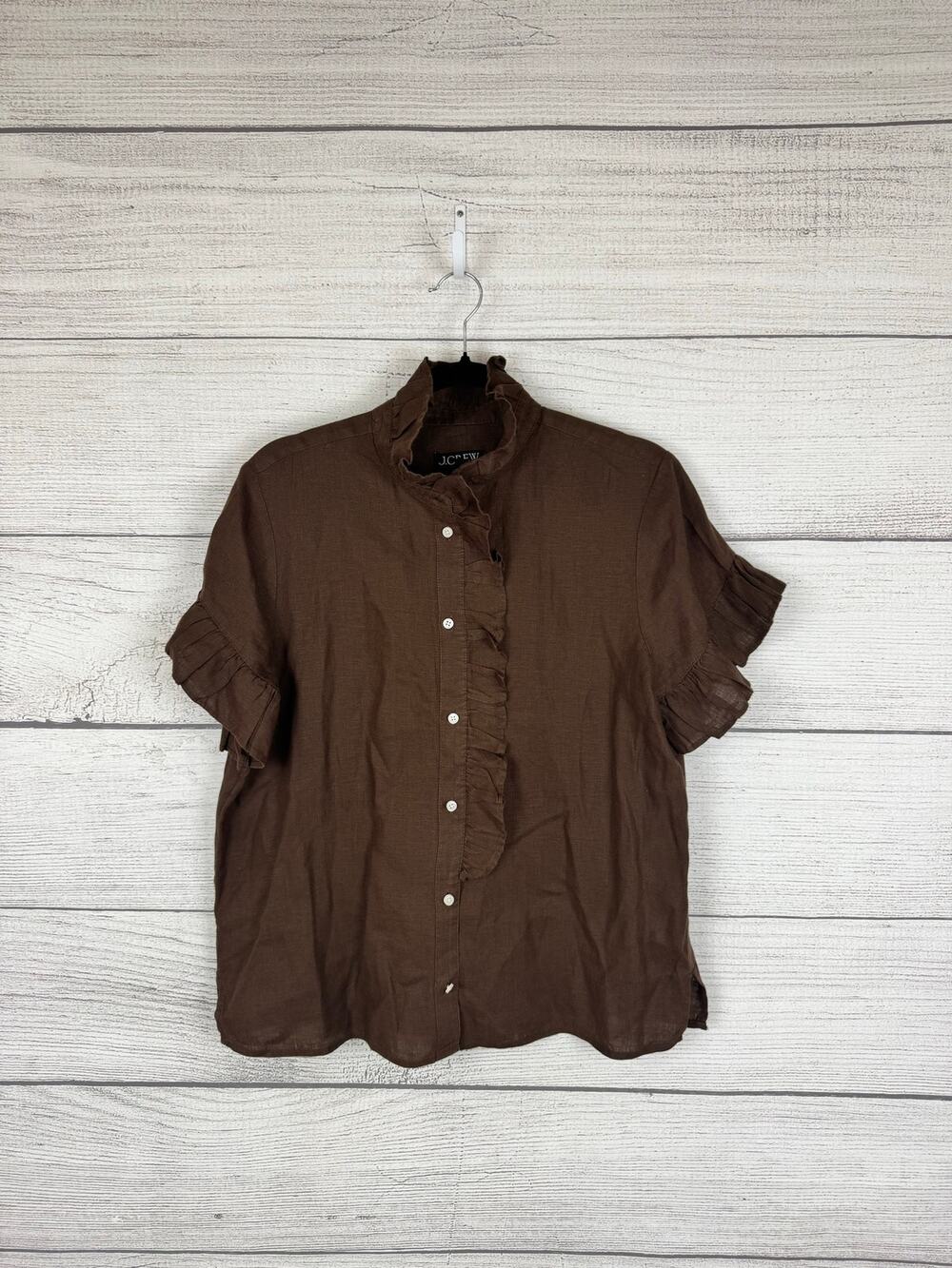 J.Crew Women's Brown Ruffle Linen Cottage Short Sleeve Blouse Size 6